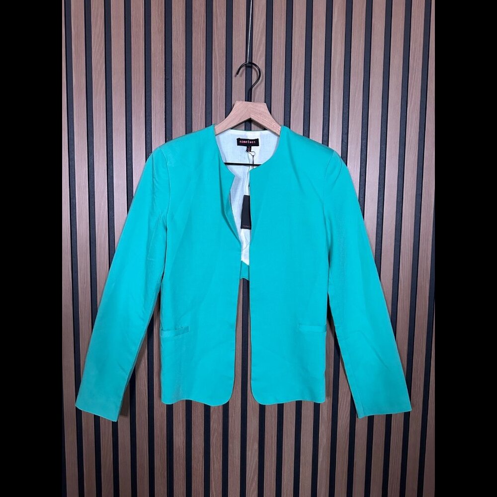 New Nameless Blazer Small Open Front Cropped Jacket Career Turquoise Stretch